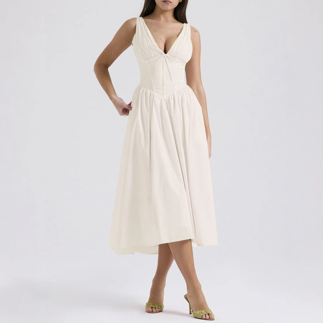 Women’s Midi Dress – Sleeveless V-Neck – A-Line Fit – Floral Print – Lightweight Cotton