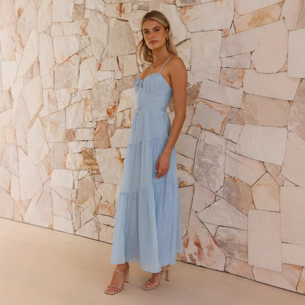 Women’s A-Line Maxi Dress – Spaghetti Straps – Tiered Skirt – Open Back – Chiffon