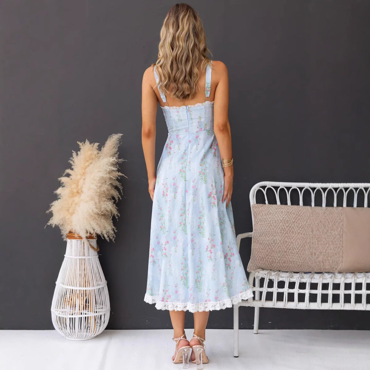 Floral Print Lace Trim Midi Dress