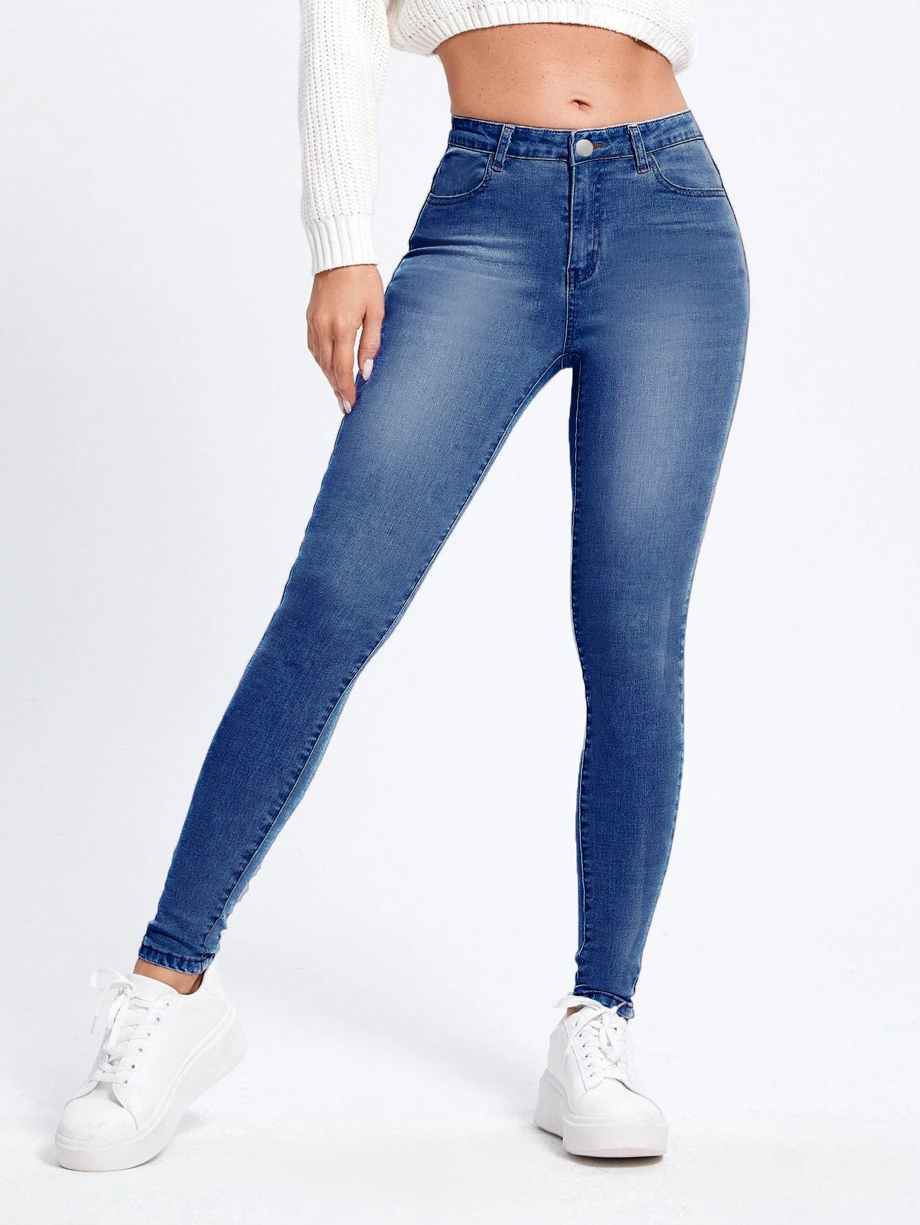 Women's Skinny Jeans - High Waist - Stretch Denim - Full Length - Slim Fit