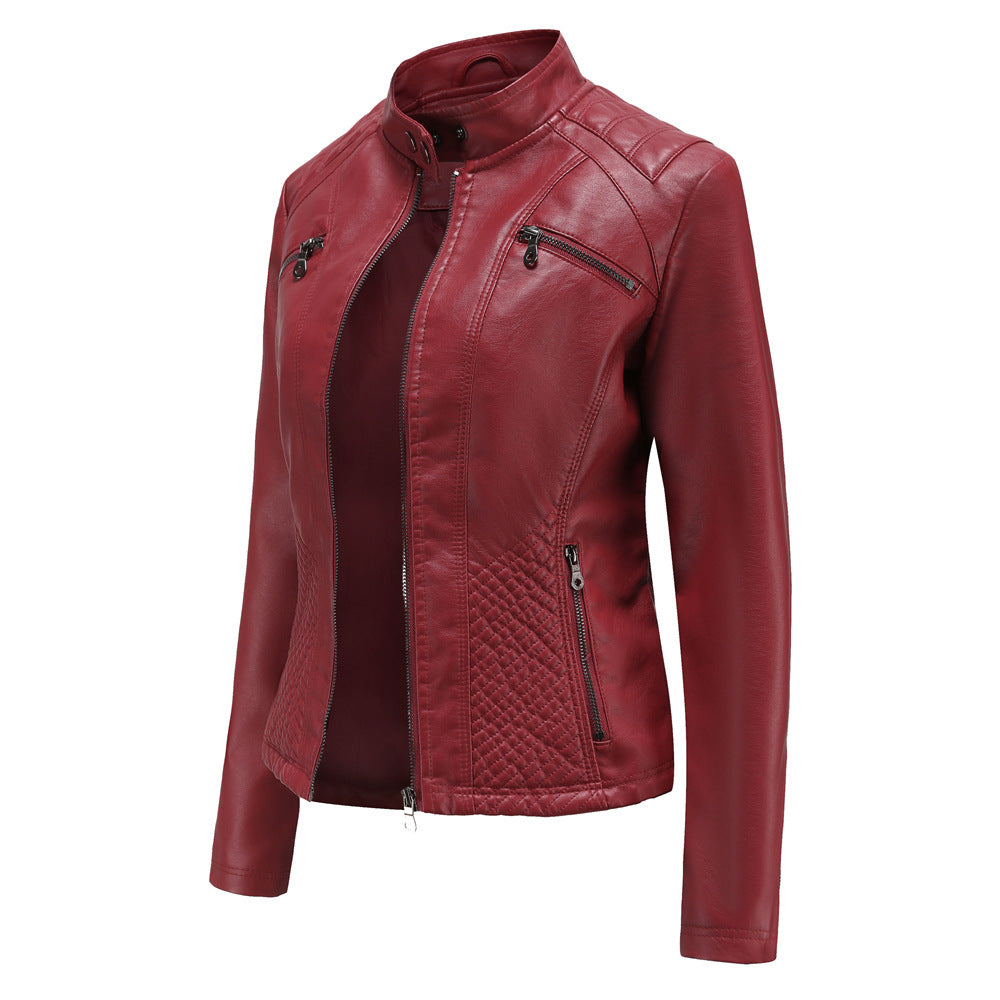 Women's casual faux leather stand-up collar jacket