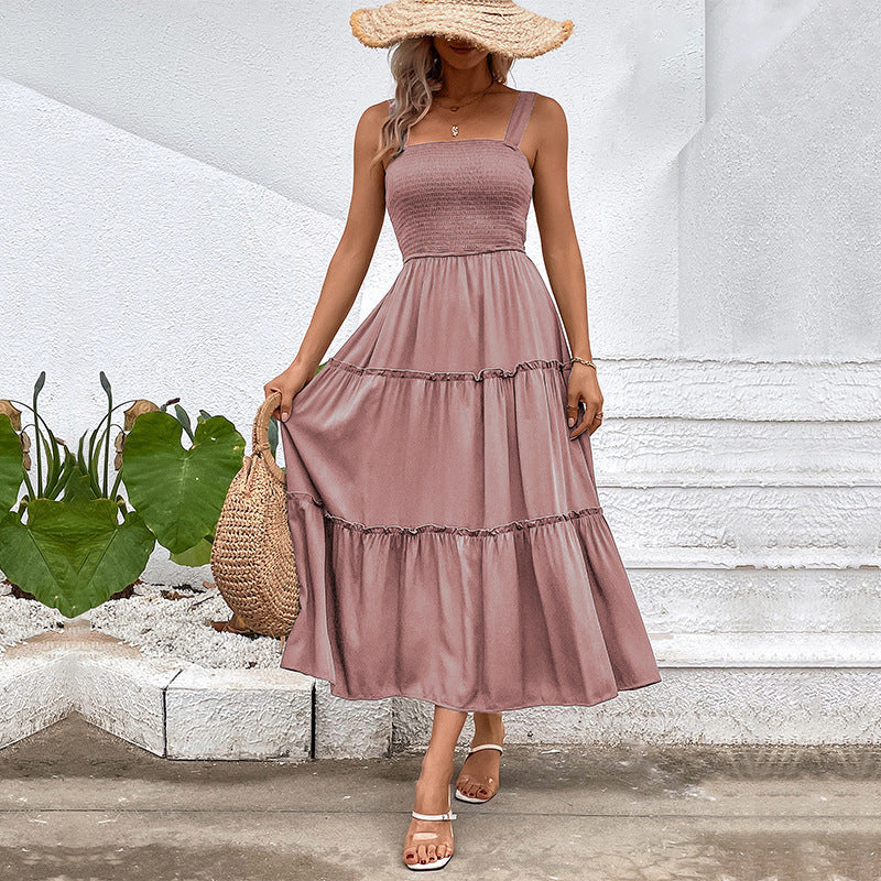 Women’s Sleeveless Dress – Smocked Bodice – Tiered Midi Skirt – Cotton Blend