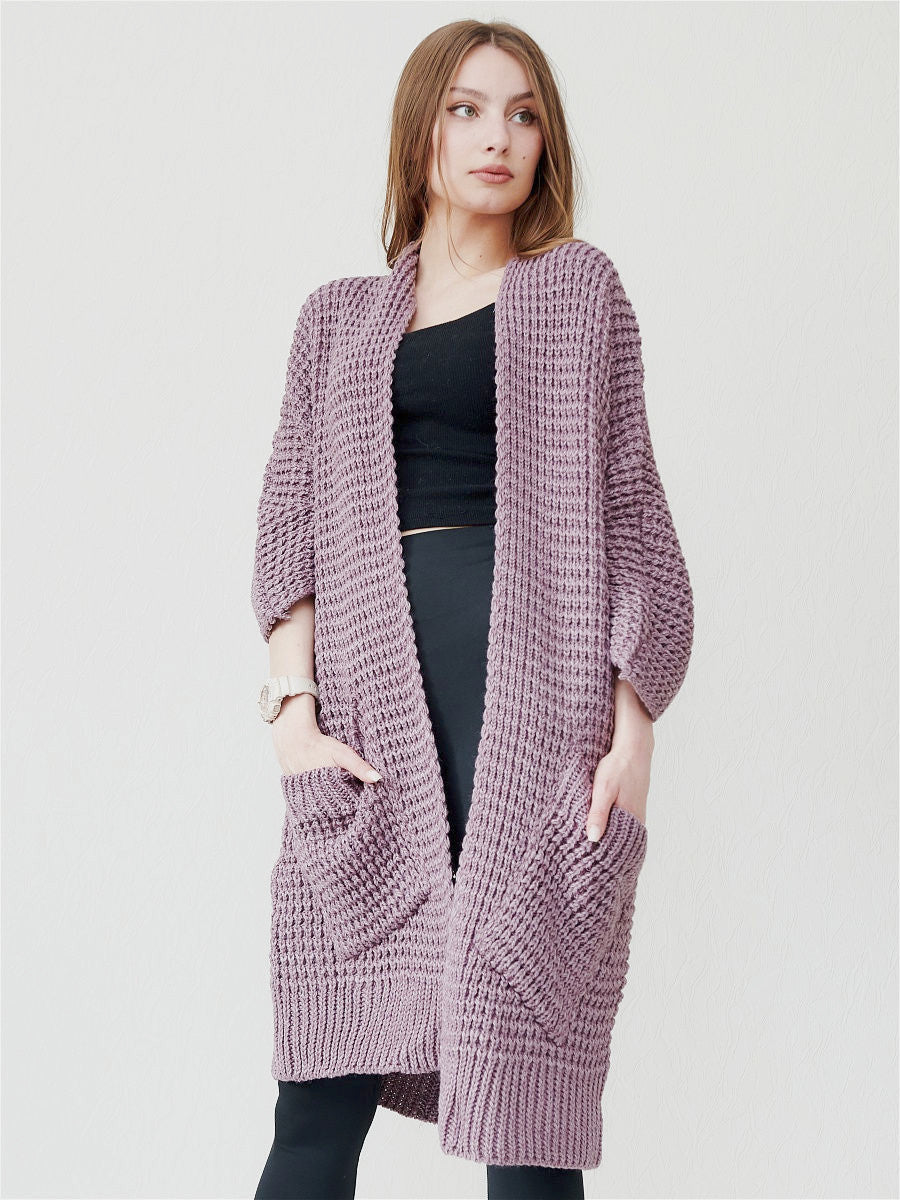 Women’s Knitted Coat – Oversized Fit – Chunky Wool Blend – Open Front – Patch Pockets