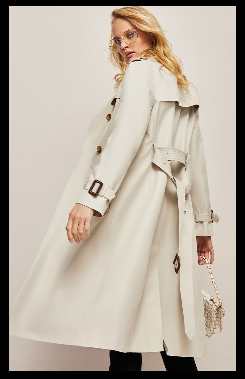 Women's waist-cinched windbreaker trench coat