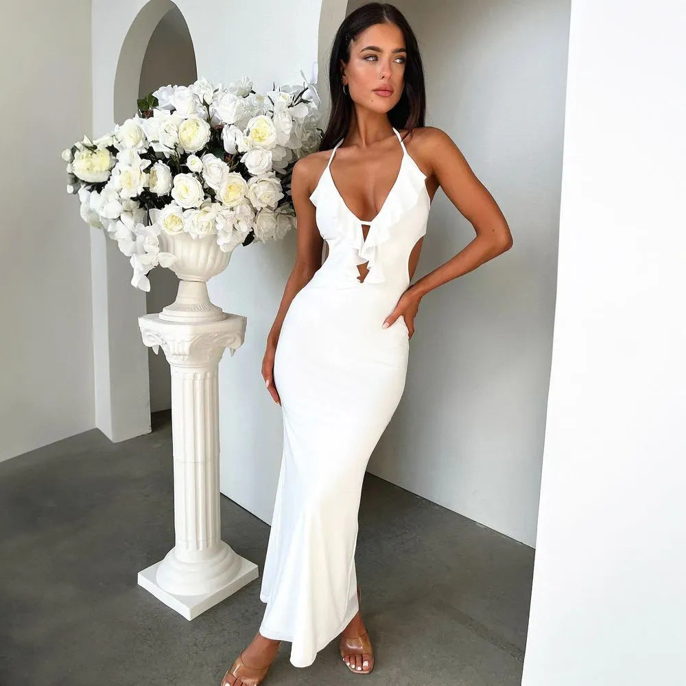 Women’s Maxi Dress – Slim Fit – Ruffle Neckline – Front Cut-Out – Stretch Fabric