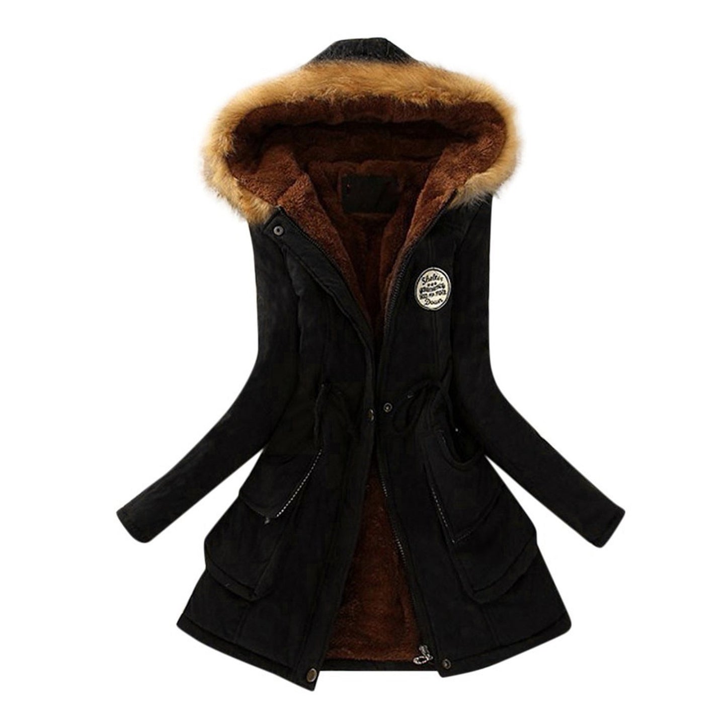 Women's winter waist drawstring fur hooded jacket