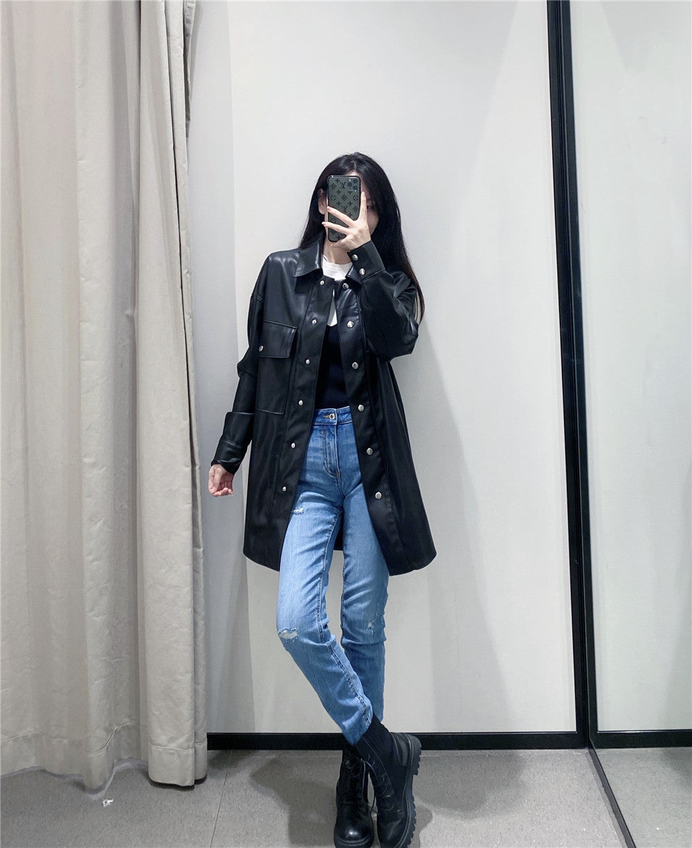 Women’s Shirt Jacket – Faux Leather – Loose Fit – Snap Buttons – Chest Pockets – Mid-Length