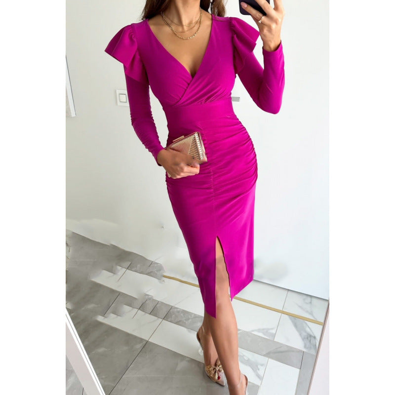 Women's Elegant Ruched Dress - Ruffled Sleeve - Deep V Neckline - Front Slit