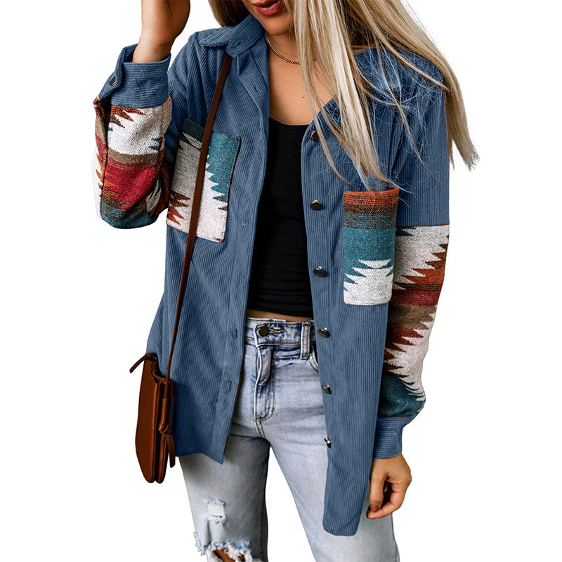 Women’s Cardigan Jacket – Corduroy Texture – Aztec Pattern – Relaxed Fit – Button-Up