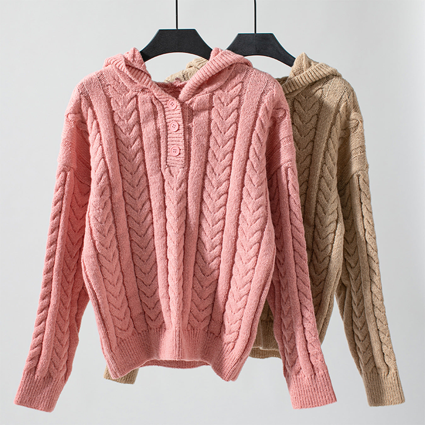 Women's retro buttoned cable knit hoodie sweater