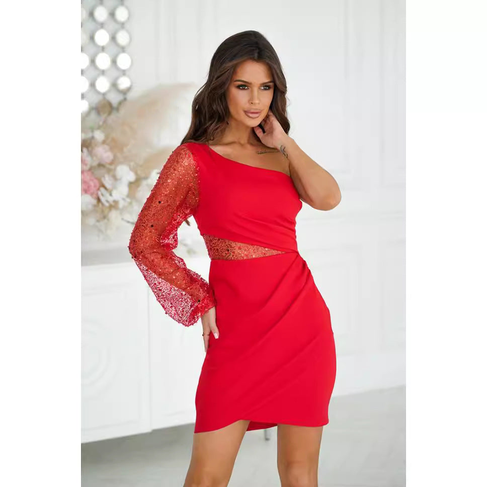 Women’s Mini Dress – Bodycon Fit – One Shoulder – Sequin Sheer Sleeve – Cut-Out Waist