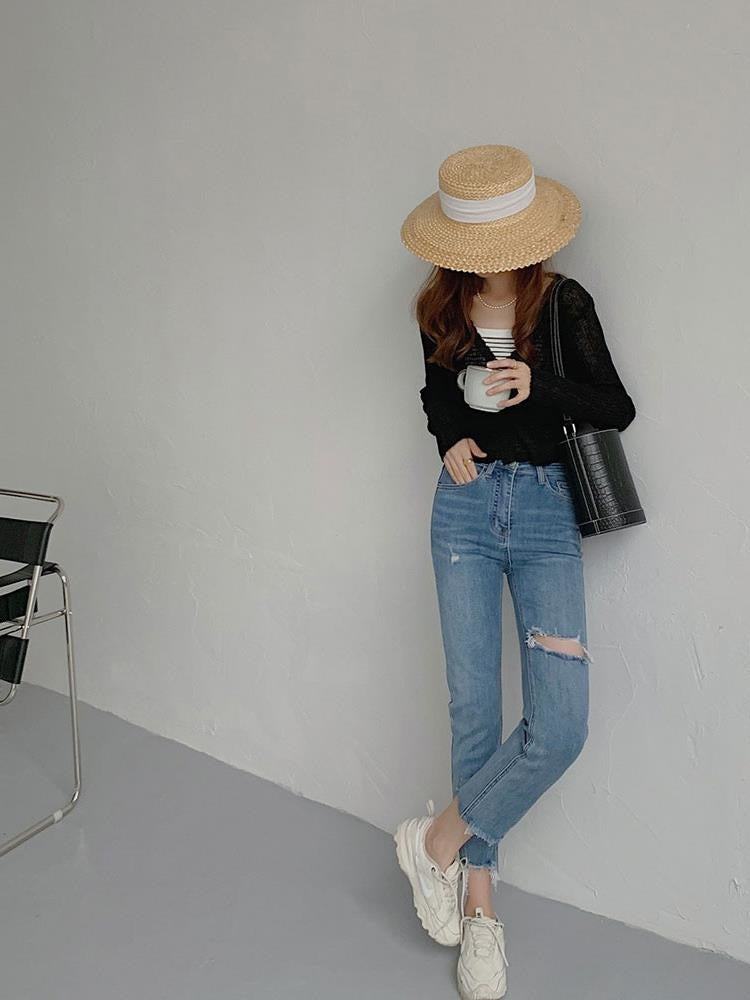 Distressed High-Waisted Straight-Leg Jeans