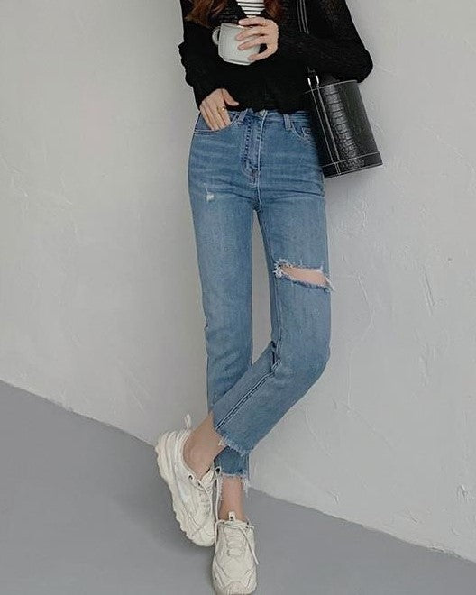 Distressed High-Waisted Straight-Leg Jeans