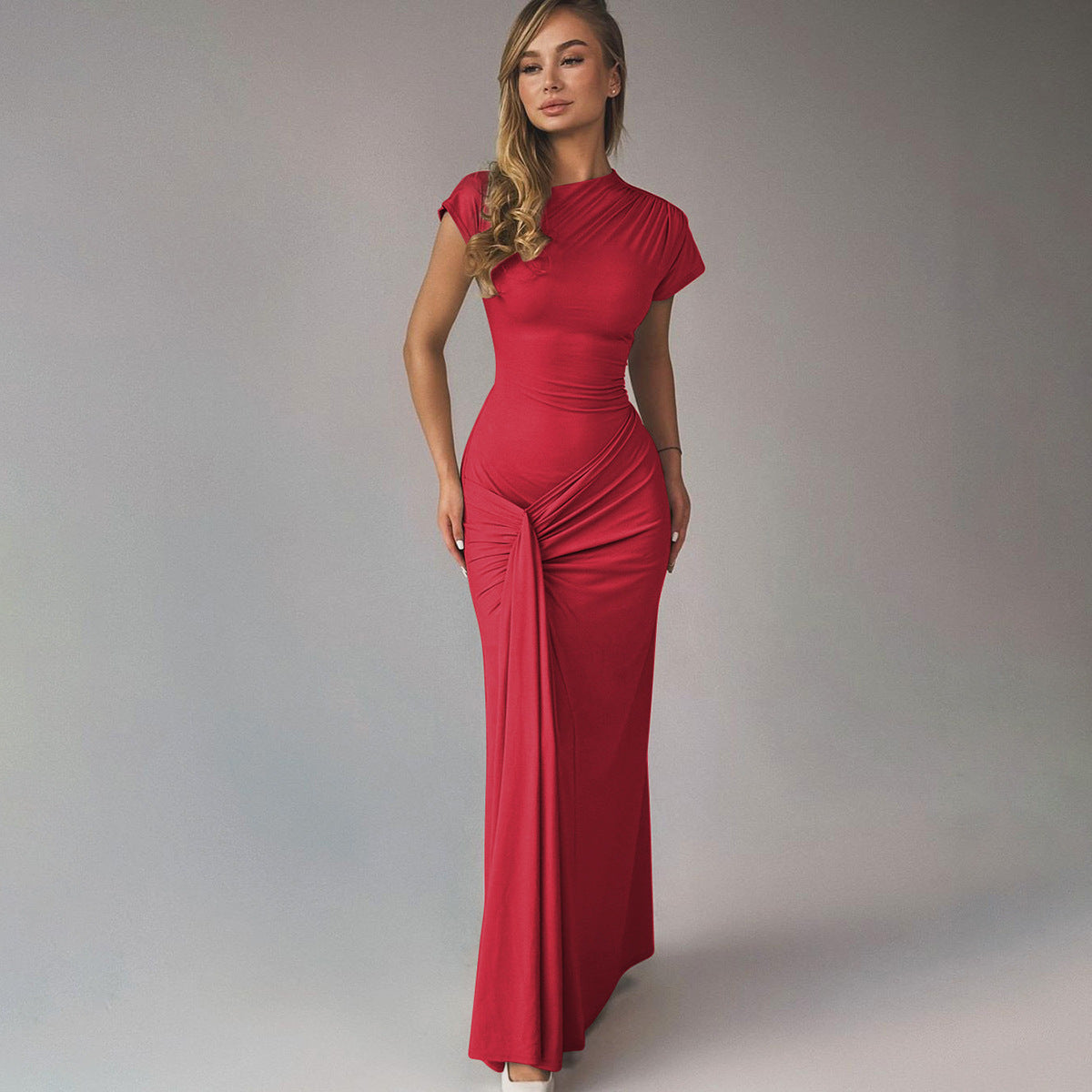 Women’s Full-Length Dress – Stretch Fabric – Draped Waist – Short Sleeve Formal Fit