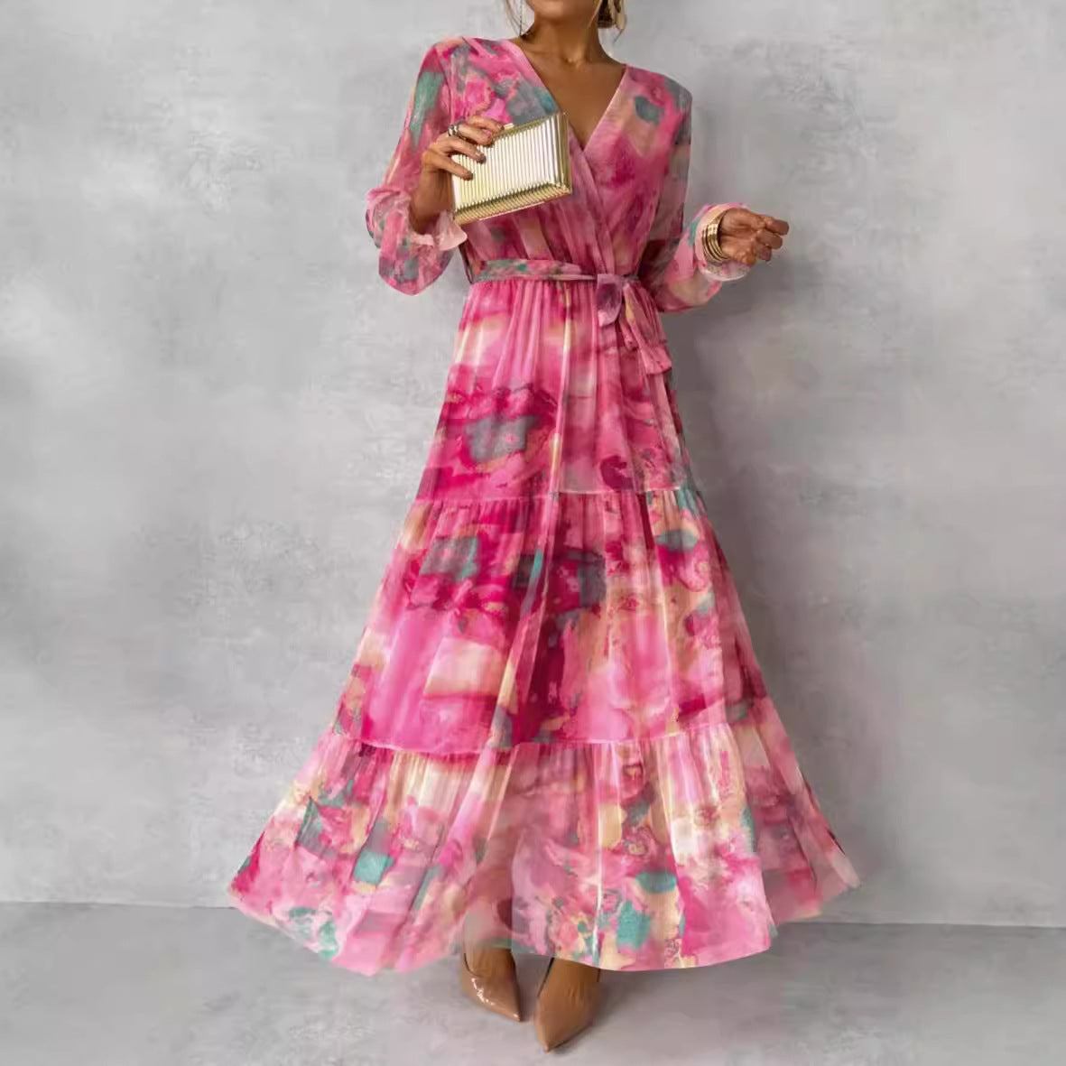 Women’s Long Dress – V-Neck – Belted Waist – Tiered Skirt – Lightweight Flowy Fit