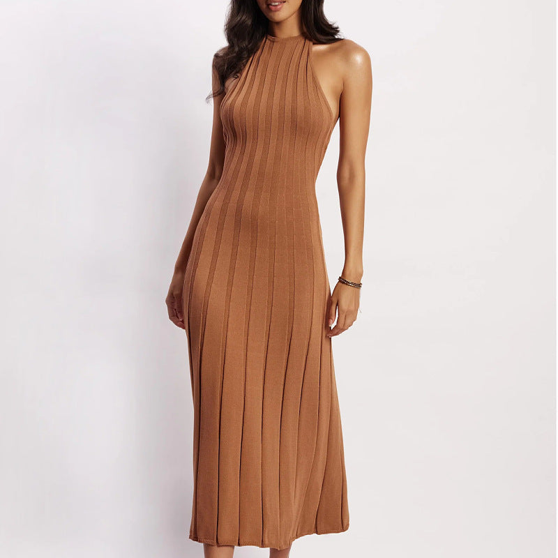 Women’s Knit Midi Dress – Halter Neck – Ribbed Bodice – Pleated Skirt – Slim Fit