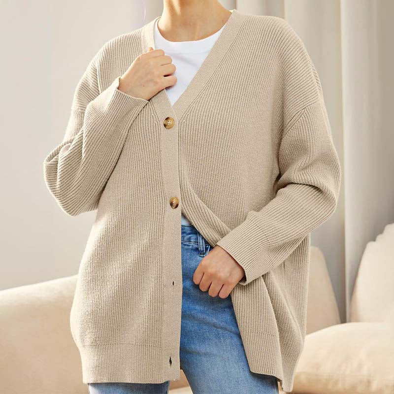 Women's versatile button V-neck solid color knit cardigan