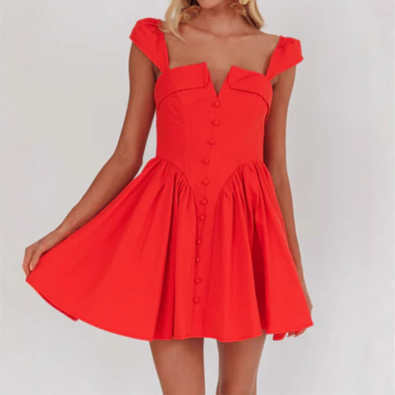 Women’s Sleeveless Mini Dress – Fitted Bodice – Pleated A-Line Skirt – Square Neckline