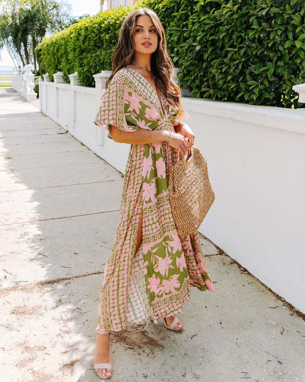 Women’s Maxi Dress – Wrap V-Neck – High Waist – Short Sleeve – Floral Print – Side Slit