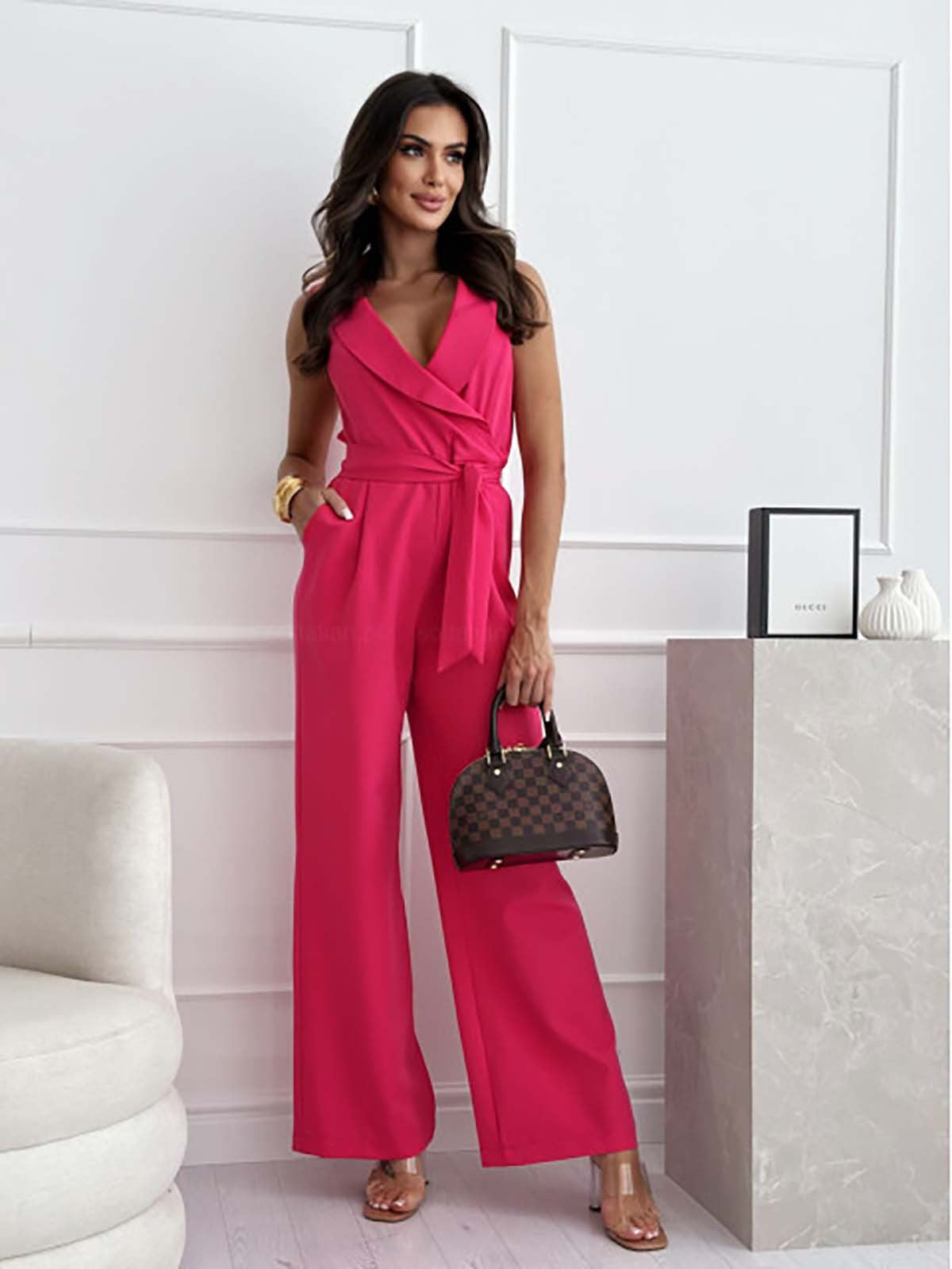 Women's Sleeveless Jumpsuit - Wrap V-Neck - Tie Waist - Tailored Straight Leg
