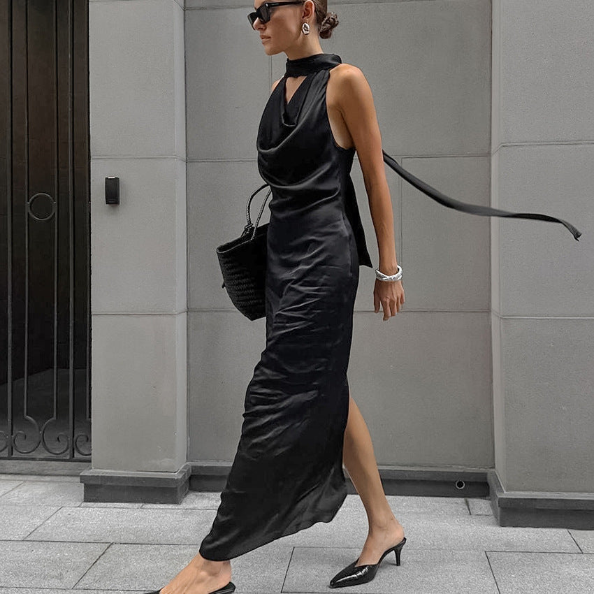 Women's Halter Neck Satin Dress - Draped Neckline - Fitted Waist - Elegant Evening Wear
