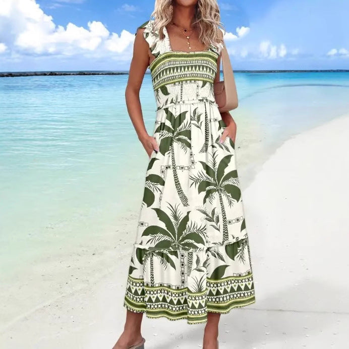 Boho Print Loose Fit Ruffle Sleeve Midi Dress