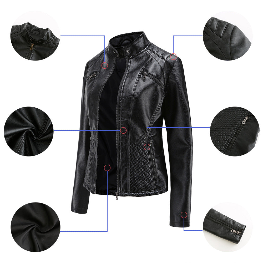 Women's casual faux leather stand-up collar jacket