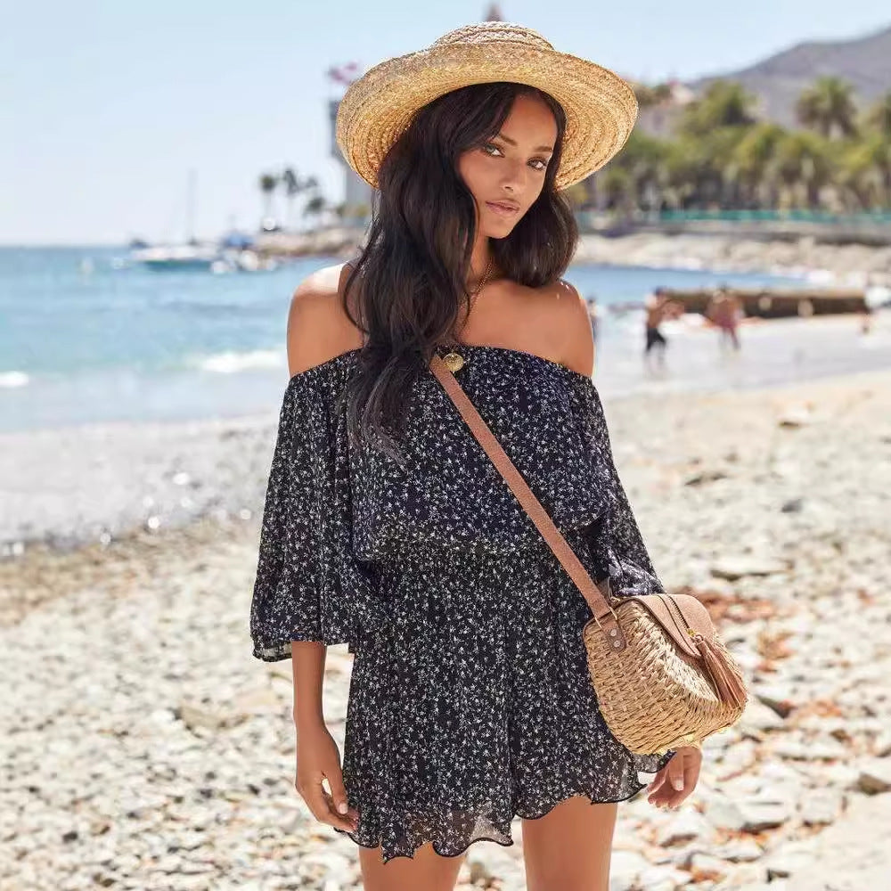 Women’s Off-Shoulder Dress – Lightweight Cotton – Ruffle Sleeve – Elastic Waist Fit