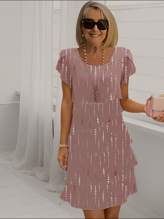Women’s Midi Dress – Flowy Layered Chiffon – Relaxed Fit – Short Sleeve – Floral Print
