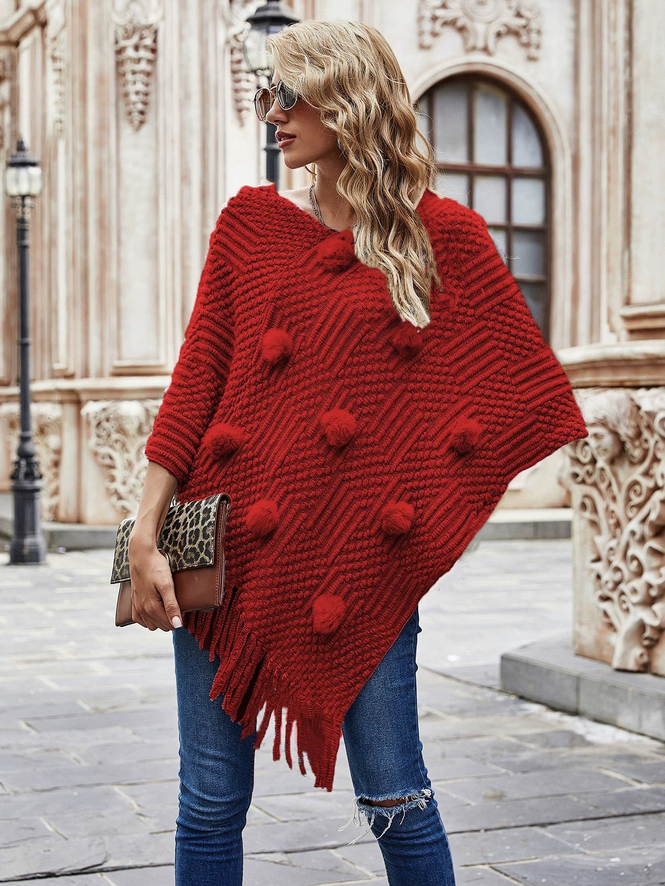 Women’s Shawl Sweater – Relaxed Fit – Knit Wool Blend – Fur Ball & Tassel Accents