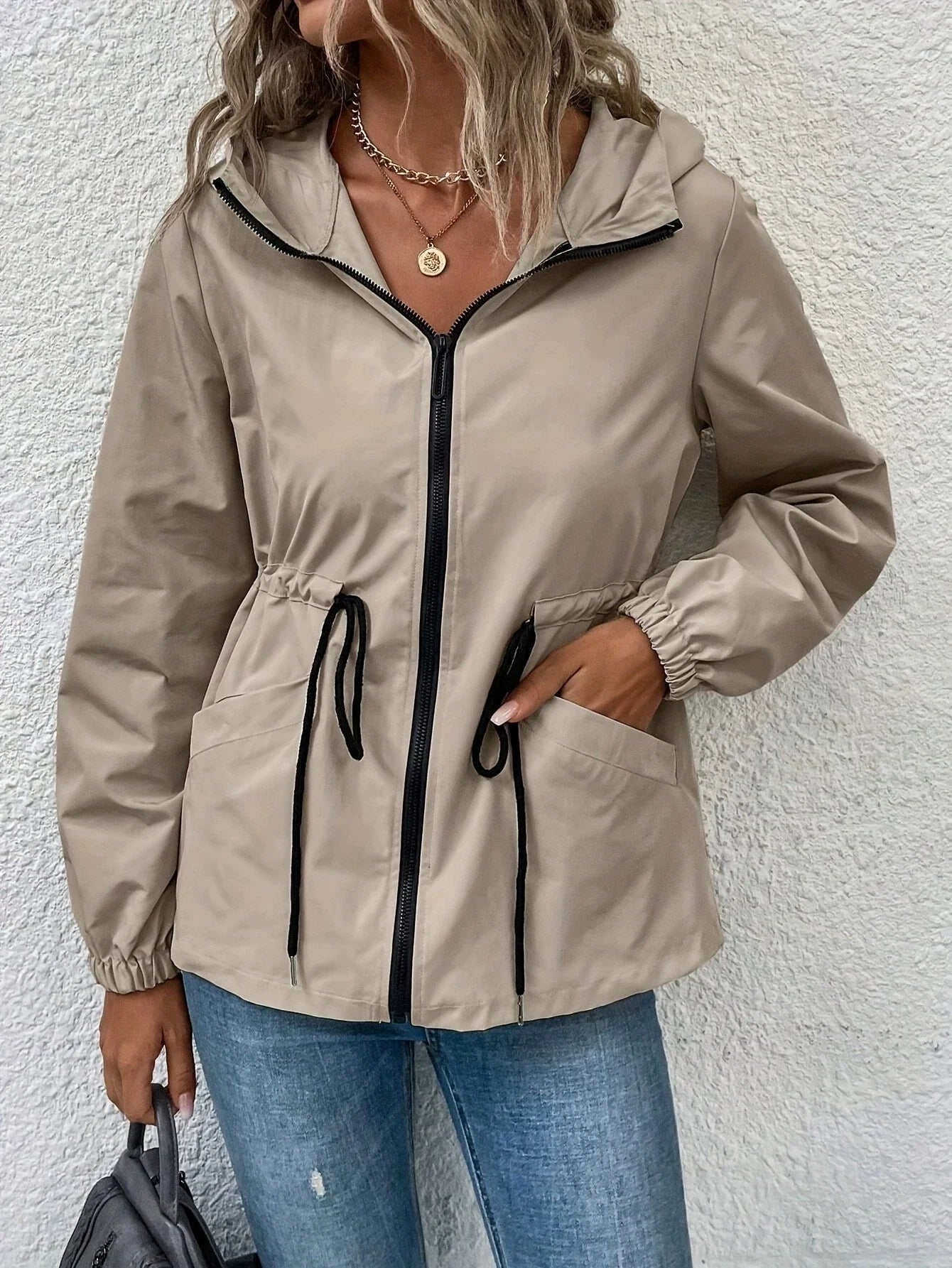 Women’s Outdoor Jacket – Waterproof Shell – Hooded – Adjustable Waist – Hip Length