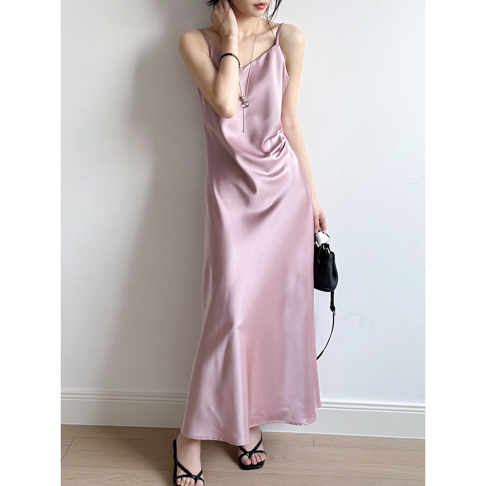 Women’s Camisole Dress – Satin Fabric – Full Length – A-Line Draped Fit – Spaghetti Strap