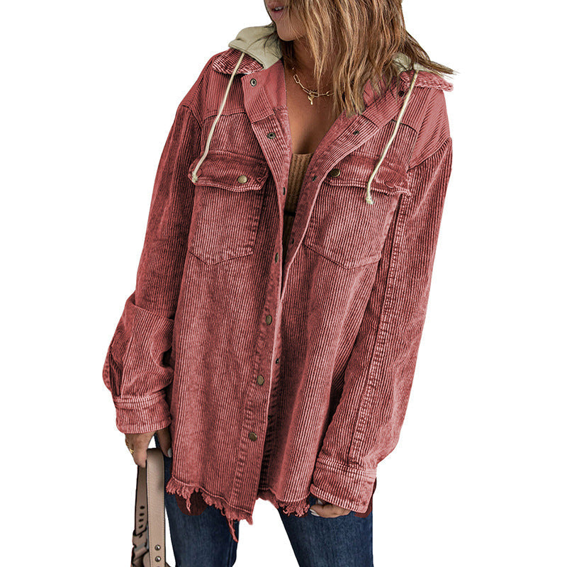 Women’s Hooded Jacket – Corduroy – Oversized Fit – Button Front – Frayed Hem Casual