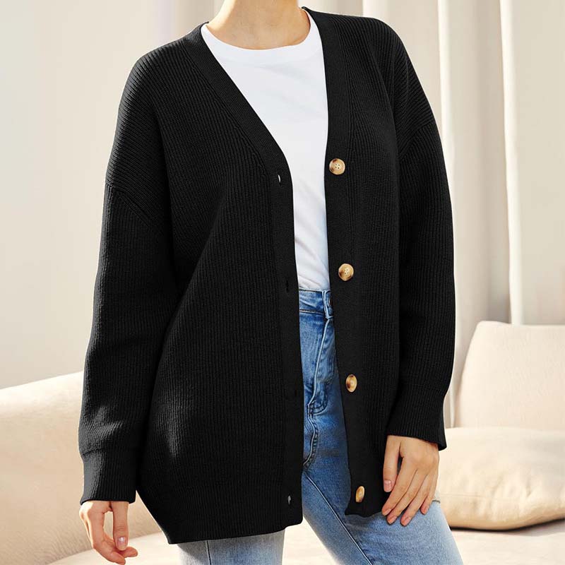 Women's versatile button V-neck solid color knit cardigan