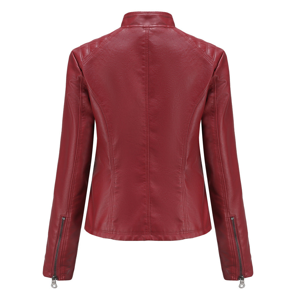Women's casual faux leather stand-up collar jacket