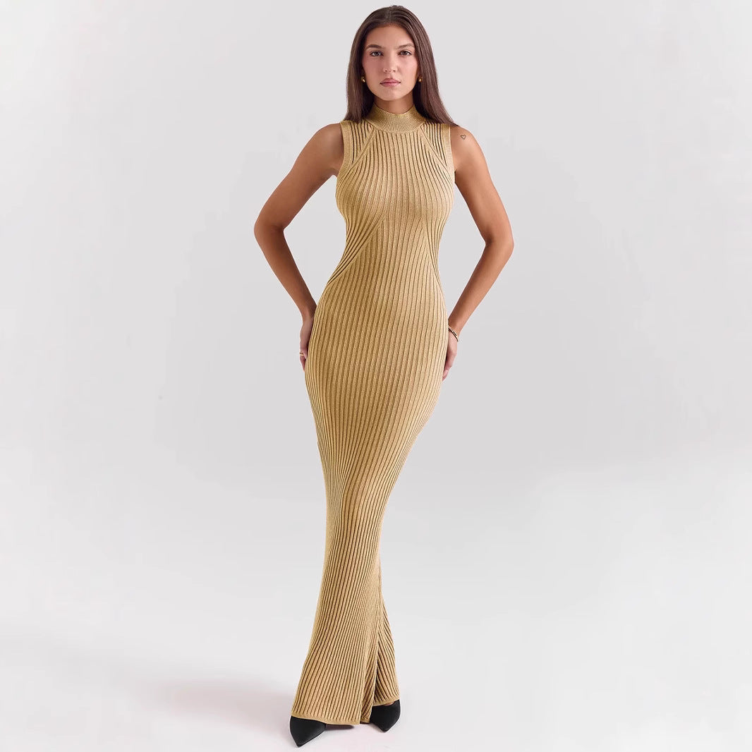 Women’s Knit Dress – Sleeveless Turtleneck – Ribbed Form-Fitting – Mermaid Hem