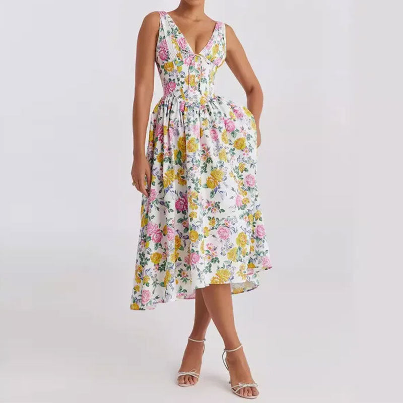 Women’s Midi Dress – V-Neck A-Line – Spaghetti Straps – Floral Print – Cotton Blend