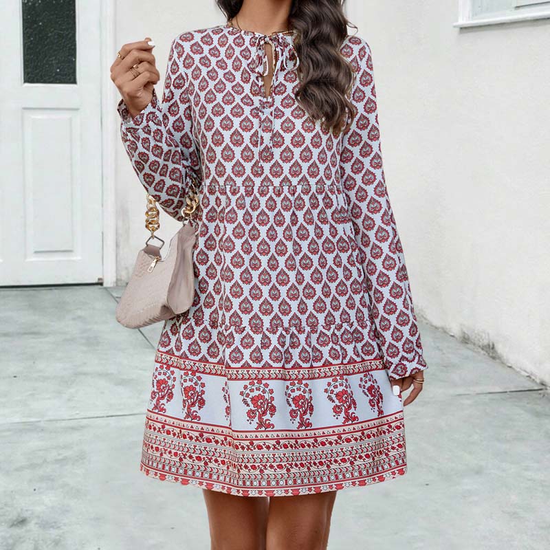 Women's Boho Midi Dress - Lightweight Flowy Fit - Long Sleeve Vintage Style