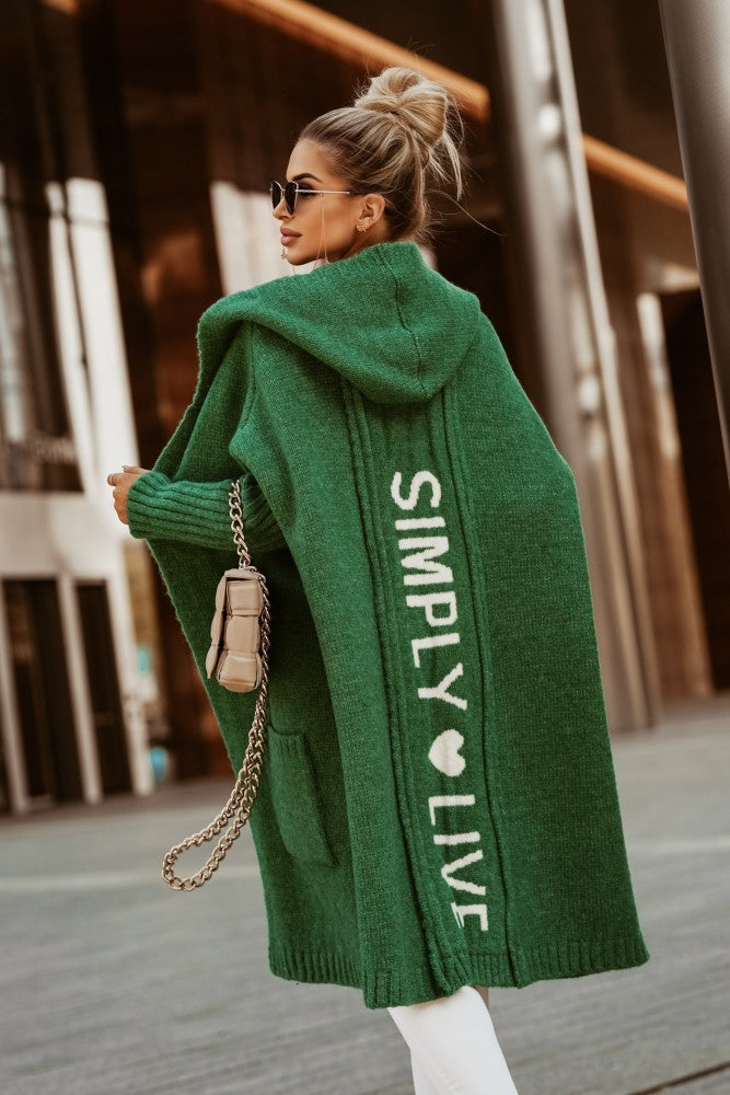 Women's hooded knitted loose mid-length cardigan
