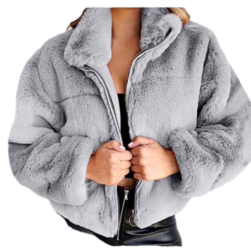 Women’s Cardigan Coat – Faux Fur – Oversized Fit – Zipper Front – High Collar
