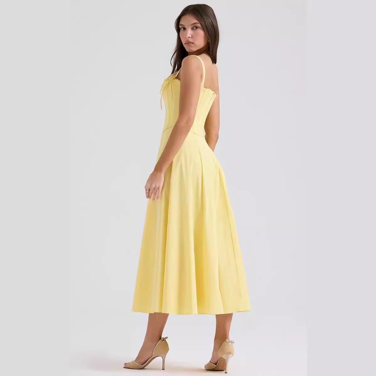 Women’s Midi Dress – Slim Fit Corset Bodice – A-Line Skirt – Adjustable Straps