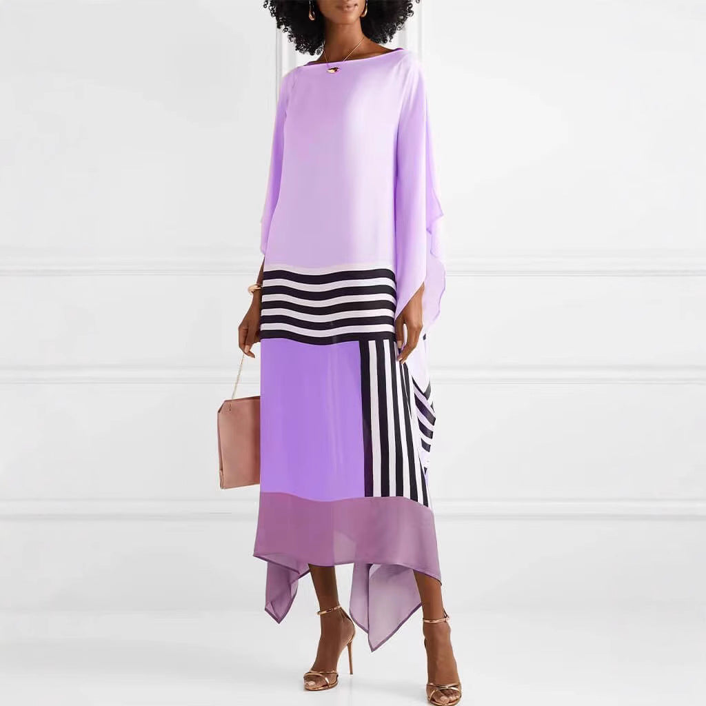 Women’s Asymmetrical Midi Dress - Striped Hem - Loose Fit - Elegant Long Sleeve