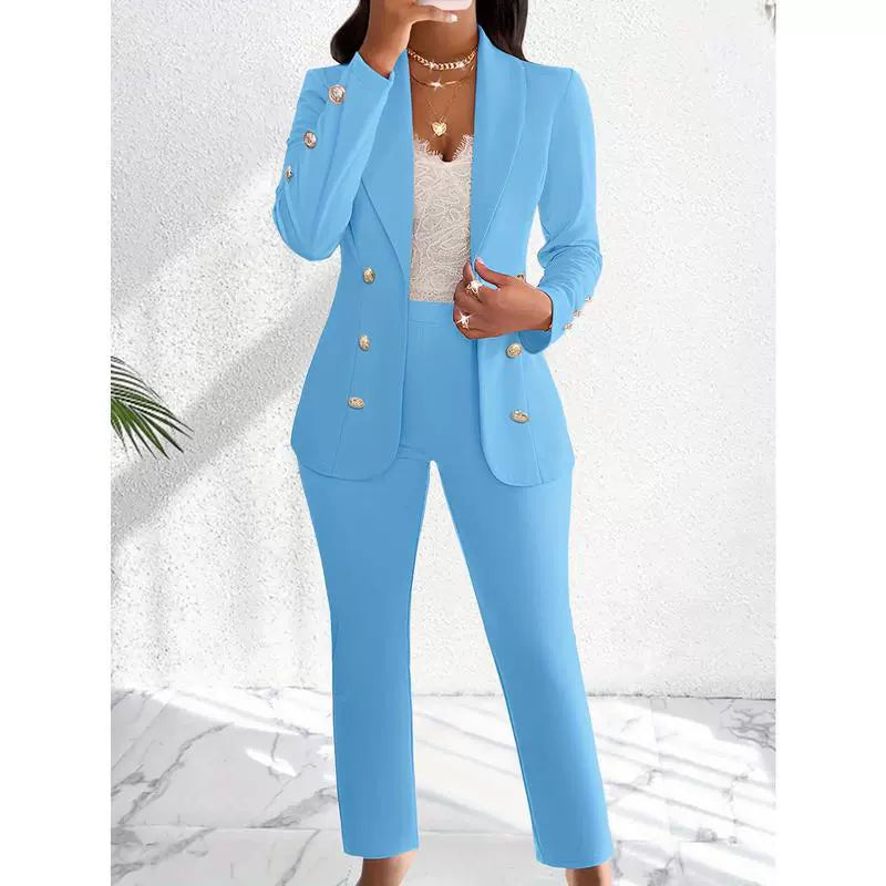 Women’s Two-Piece Pants Set – Slim Fit Blazer with Shawl Collar – Straight Leg Trousers