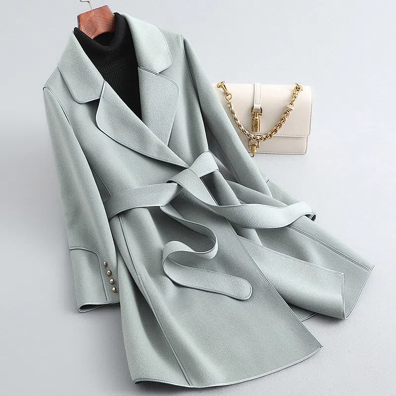 Women’s Trench Coat - Wool Blend - Tailored Fit - Belted Wrap Style - Piped Detailing
