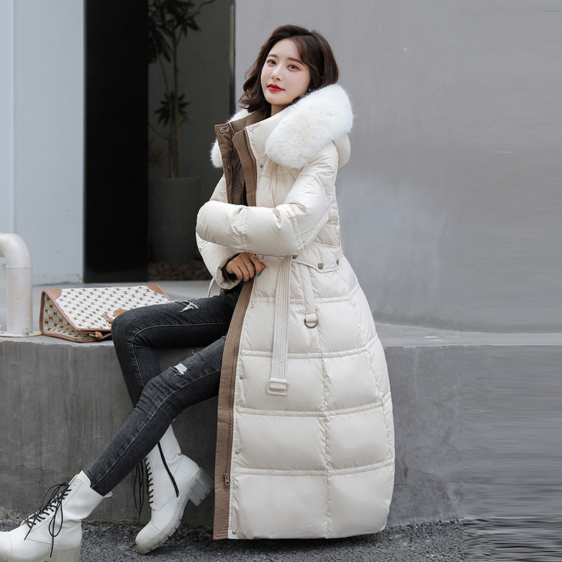 Sofia - long over-the-knee large fur collar hooded with a belt coat