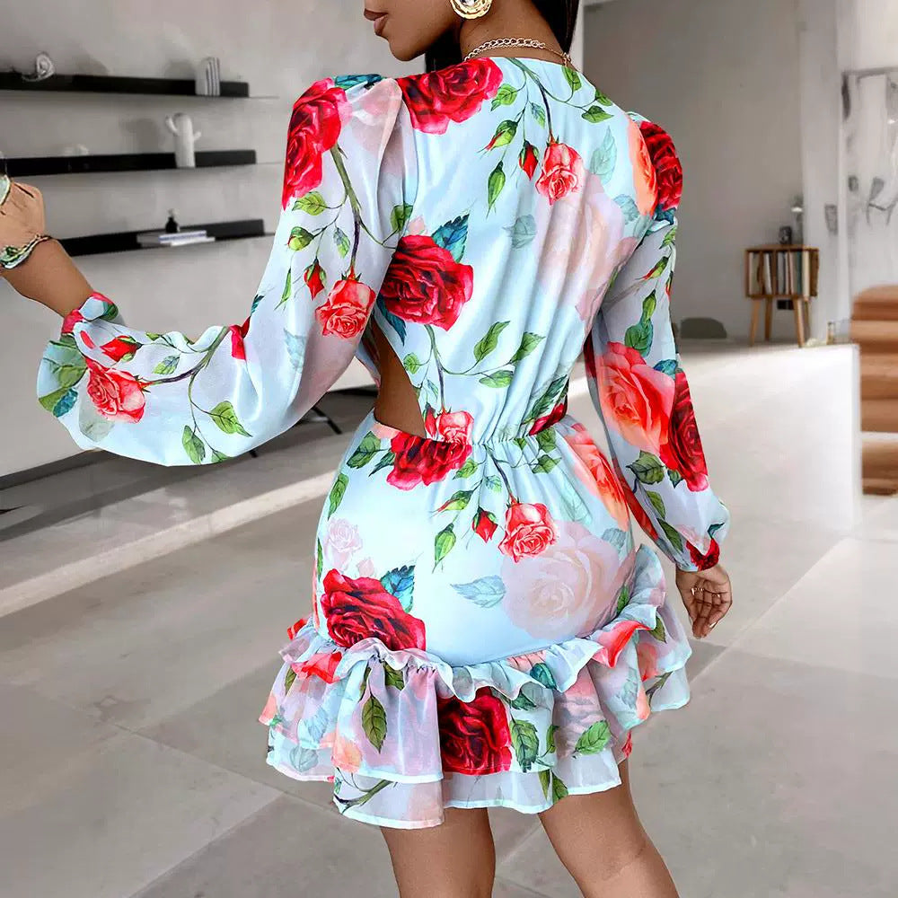 Women's Mini Dress - Plunging V-Neck - Long Puff Sleeves - Fitted Waist - Ruffled Hem