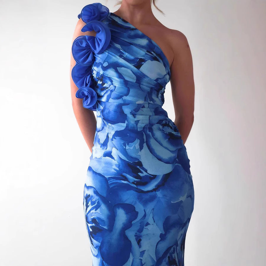 Women’s Midi Dress – Slim Fit – One Shoulder – 3D Floral Accent – Satin Finish