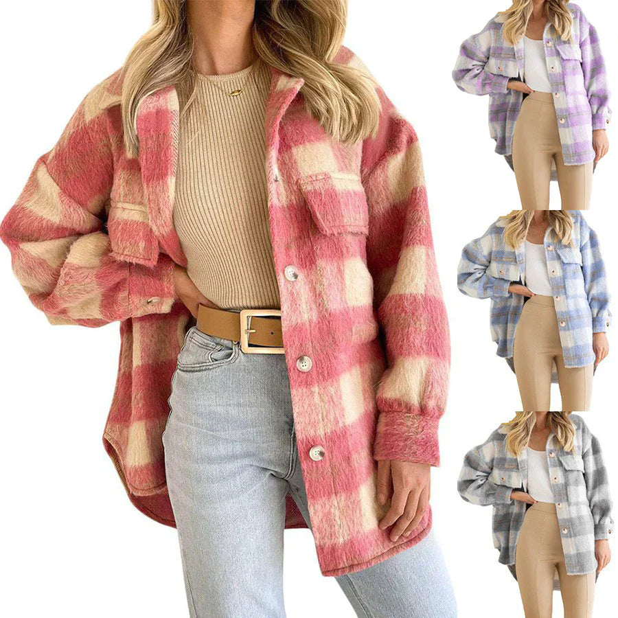 Plaid Mohair Blend Long Sleeve Coat