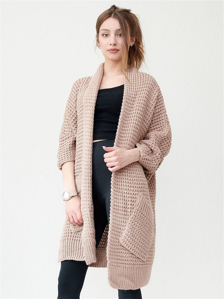 Women’s Knitted Coat – Oversized Fit – Chunky Wool Blend – Open Front – Patch Pockets