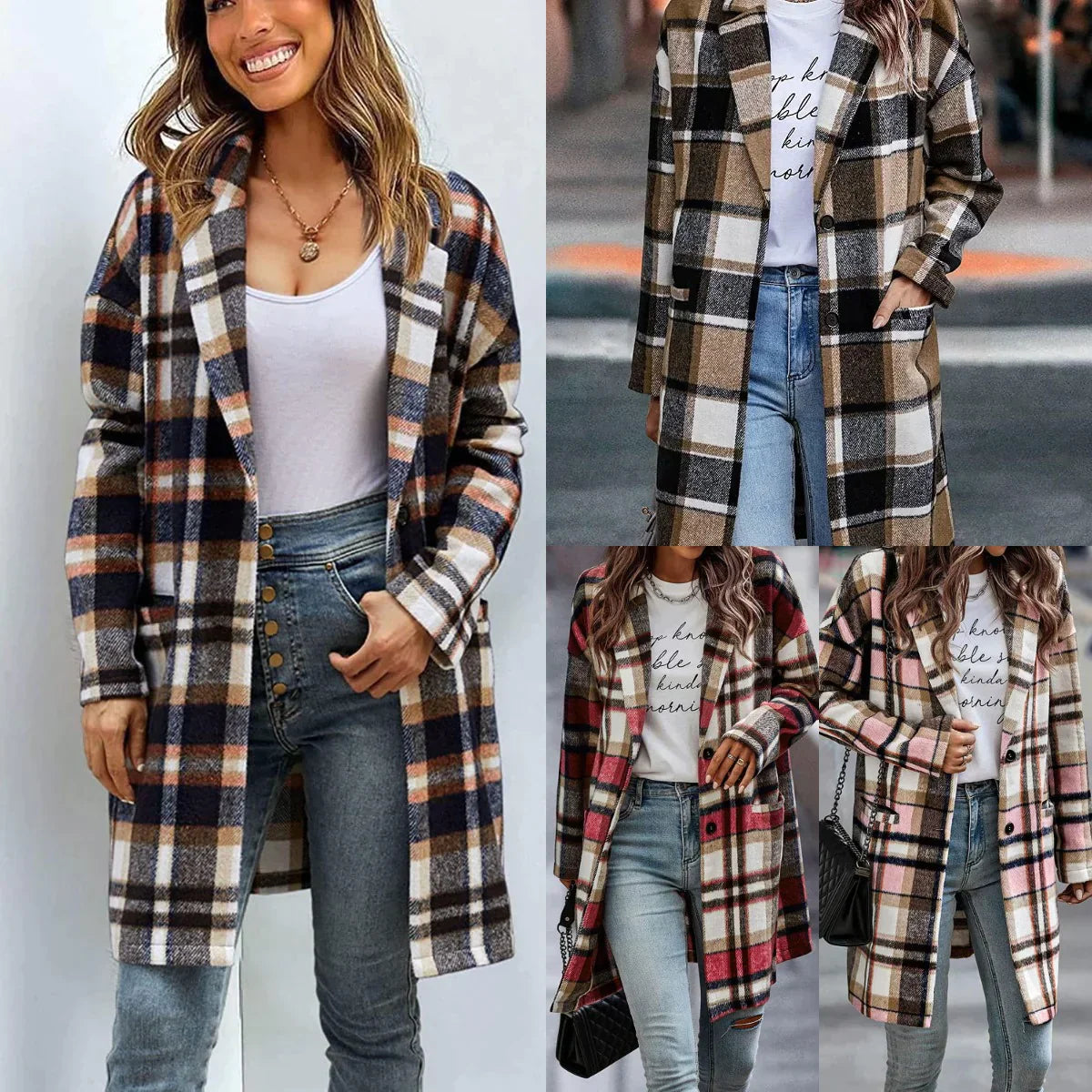 Women's loose fit checked coat with lapel pocket